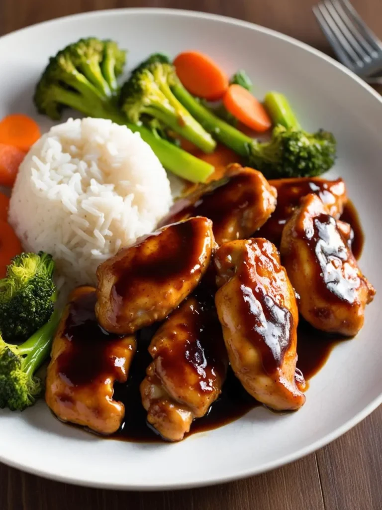 A plate of teriyaki chicken coated in a glossy, sticky sauce. The chicken is served alongside a mound of fluffy white rice and a colorful medley of steamed vegetables, including broccoli and carrots. The dish looks delicious and flavorful.