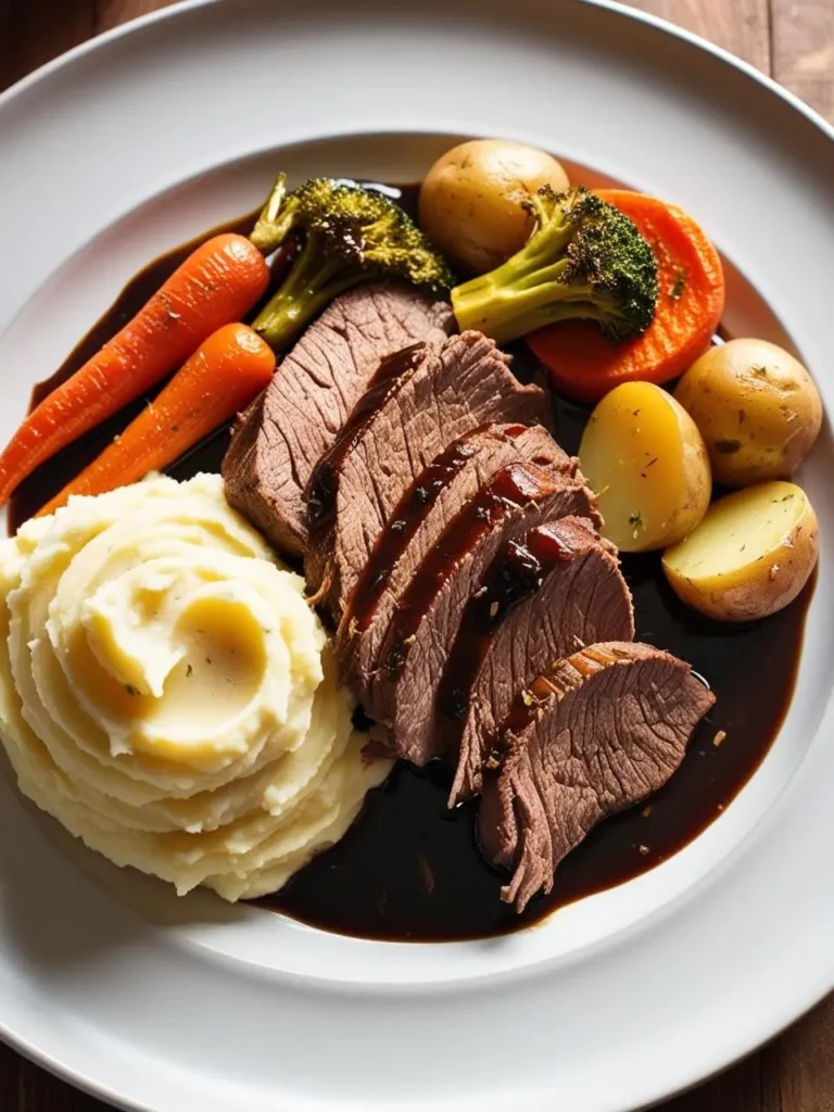 A plate of roast beef sliced and fanned out, served with a side of creamy mashed potatoes, roasted carrots, broccoli, and potatoes. The beef is glistening with a rich gravy.