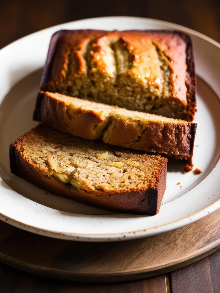 A plate of freshly baked banana bread. The loaf is golden brown and sliced, revealing a moist and tender crumb. The bread looks delicious and perfect for a sweet treat or a healthy breakfast.