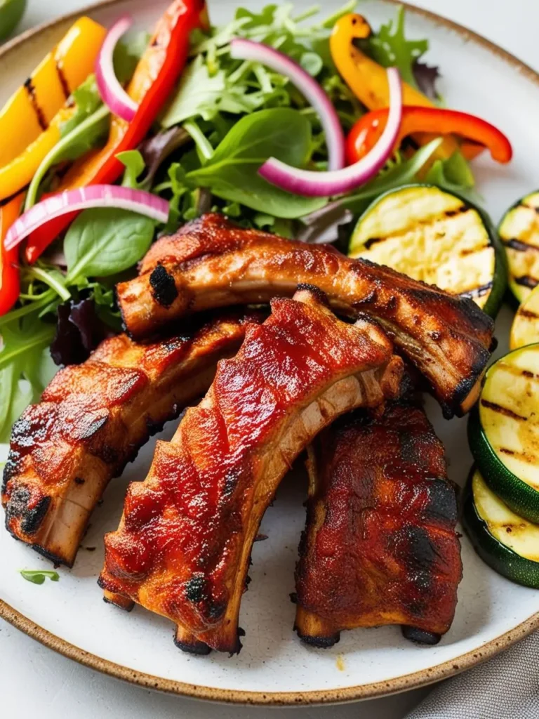 A plate of Korean BBQ pork ribs, glistening with a sweet and spicy glaze. The ribs are nestled alongside a colorful side salad featuring grilled vegetables like zucchini, bell peppers, and red onions. The plate is garnished with fresh herbs, adding a touch of freshness and aroma. The dish looks incredibly appetizing and perfect for a satisfying meal.