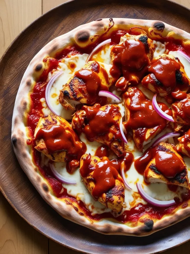 A delicious-looking pizza with a thin crust, topped with grilled chicken, melted cheese, red onion slices, and a drizzle of barbecue sauce. It looks like a savory and flavorful treat.