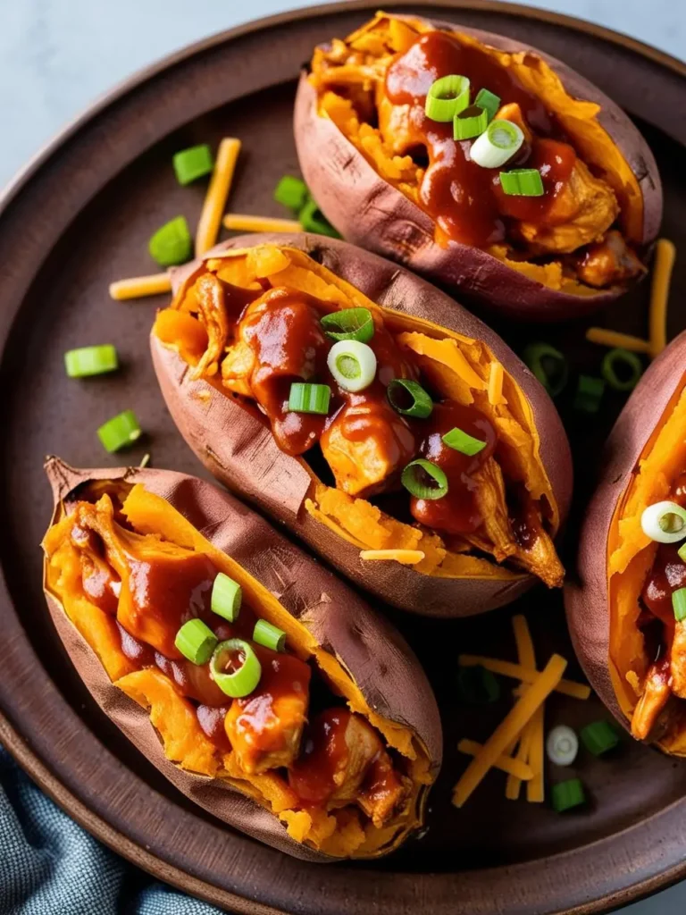 Three baked sweet potatoes are arranged on a plate. Each potato is split open and filled with shredded chicken, drizzled with barbecue sauce, and topped with shredded cheese and chopped green onions. The potatoes look delicious and perfect for a hearty and satisfying meal.