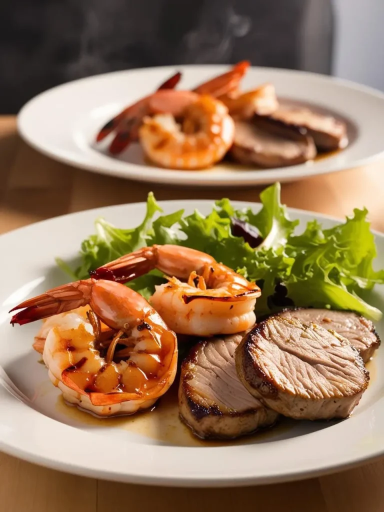 A plate of surf and turf showcasing perfectly grilled shrimp and slices of pork tenderloin. Fresh greens and a side salad complete the dish. The presentation is elegant and inviting, with the shrimp and pork tenderloin looking juicy and flavorful.