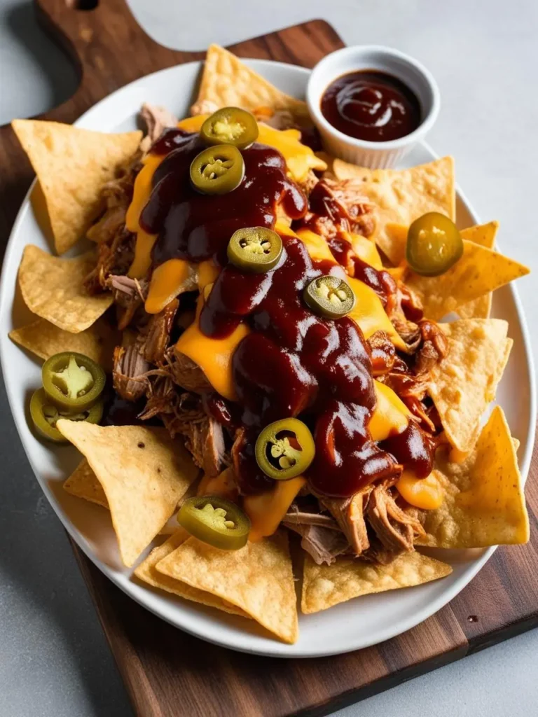 A plate of BBQ pulled pork nachos, piled high with tortilla chips, melted cheese, and topped with BBQ sauce and sliced jalapeños. A small bowl of extra BBQ sauce is on the side.