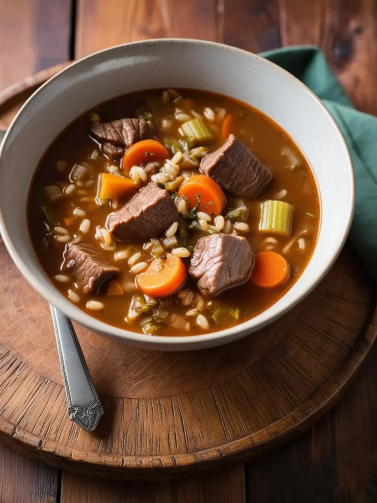 A bowl of hearty beef barley soup filled with tender chunks of beef, pearl barley, carrots, and celery. The soup has a rich, savory broth and looks perfect for a cold winter day.