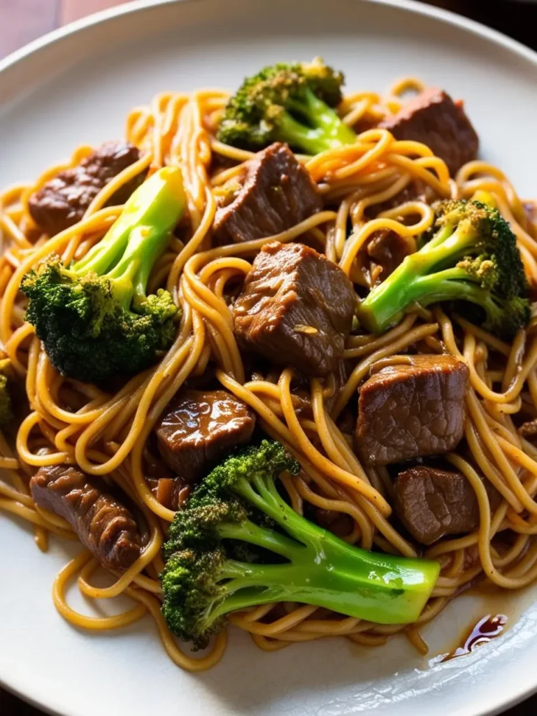 A plate of beef and broccoli lo mein. The noodles are coated in a rich, savory sauce, and the dish is topped with tender beef and fresh broccoli florets. It looks incredibly flavorful and satisfying.