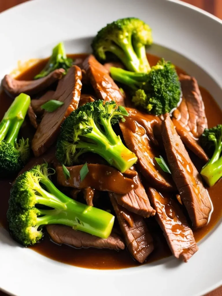 A plate of beef and broccoli stir-fry. The beef is sliced and coated in a rich, brown sauce, and it's served alongside tender-crisp broccoli florets. The dish looks incredibly flavorful and satisfying.