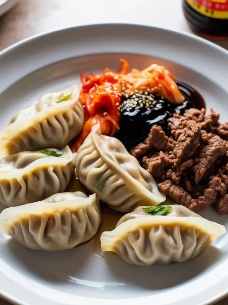 A plate of steamed dumplings served with kimchi, ground meat, and dipping sauces.