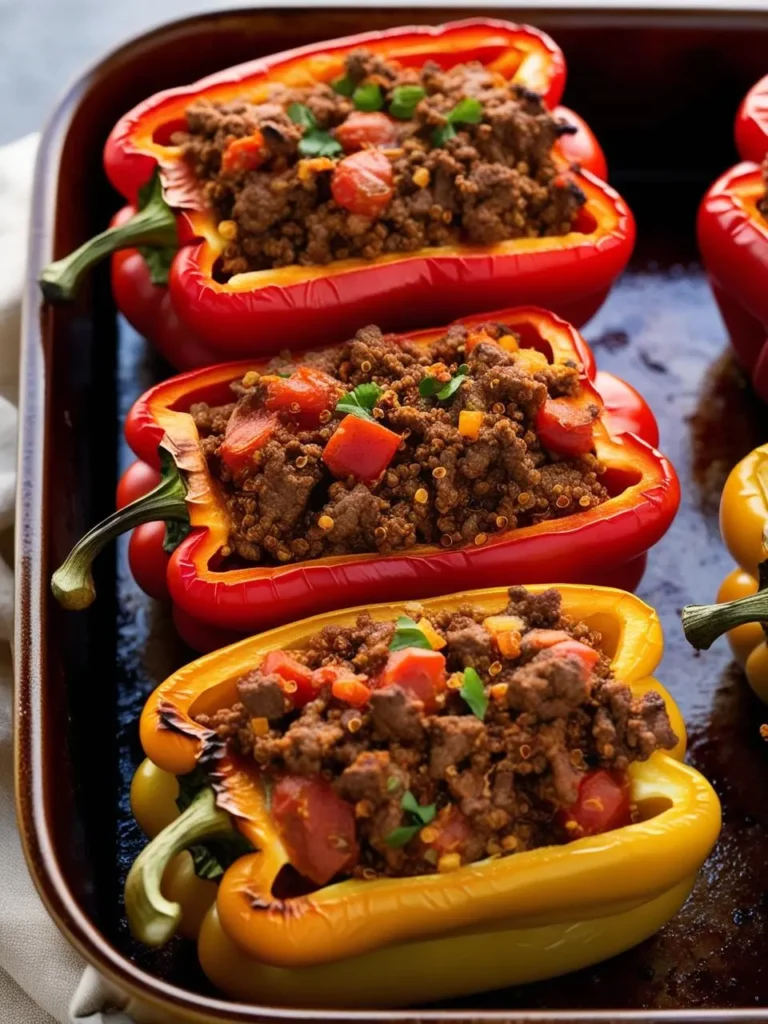 A baking sheet filled with colorful stuffed bell peppers. The peppers are filled with a mixture of ground beef, quinoa, and vegetables, topped with fresh herbs.