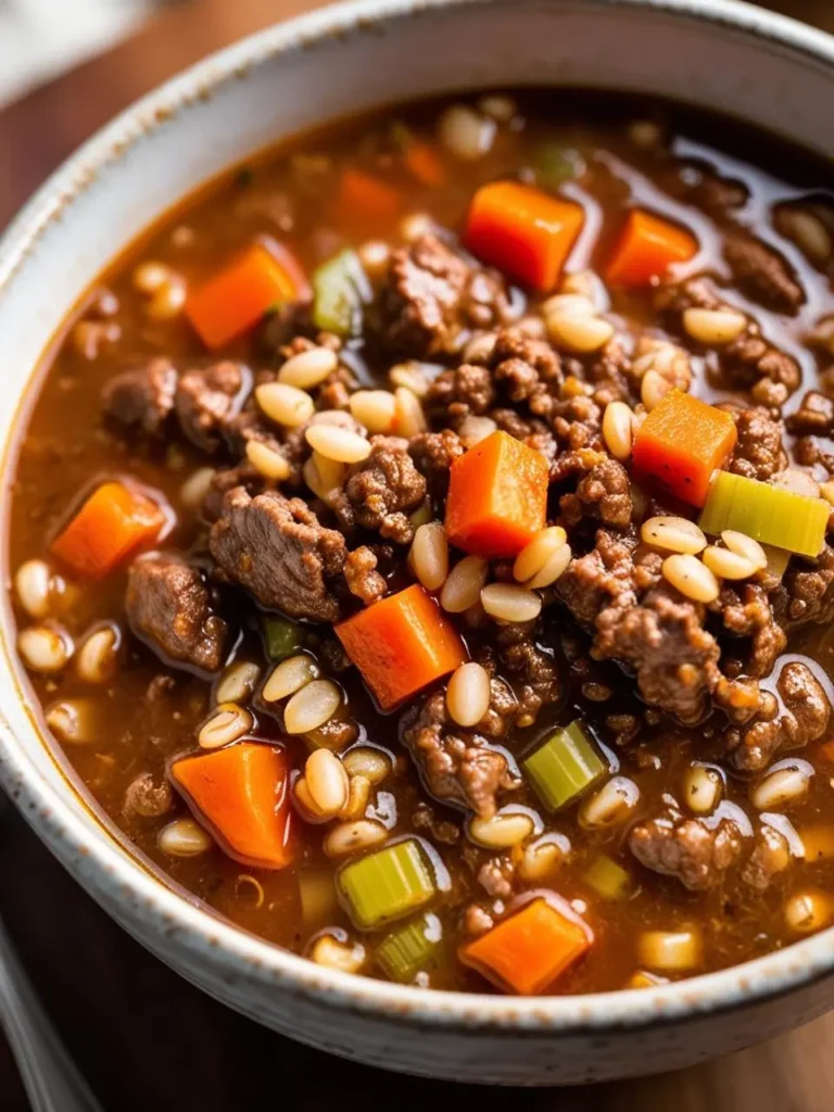 A bowl of hearty beef barley soup. The soup is filled with tender chunks of beef, pearl barley, and diced vegetables like carrots and celery. The broth looks rich and flavorful, perfect for a warm and comforting meal.