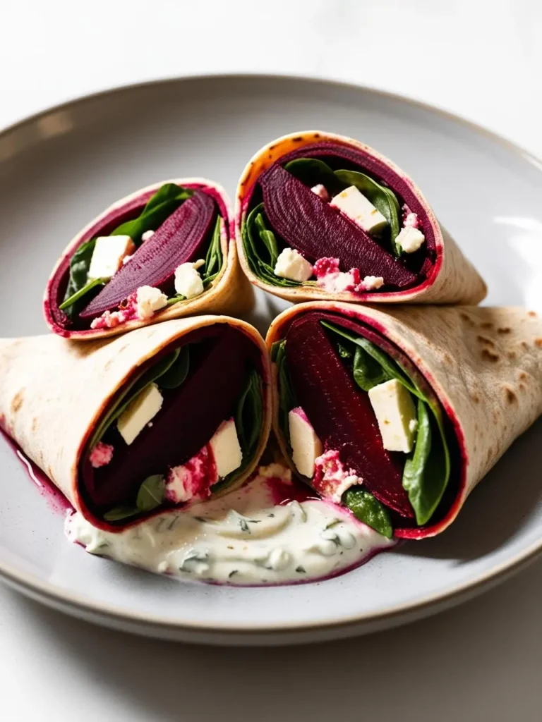 A plate of colorful and vibrant beet wraps. The wraps are filled with roasted beets, spinach, and crumbled feta cheese. A dollop of creamy dip, likely a yogurt-based dressing, is drizzled nearby. The wraps look fresh, healthy, and perfect for a quick and satisfying meal.