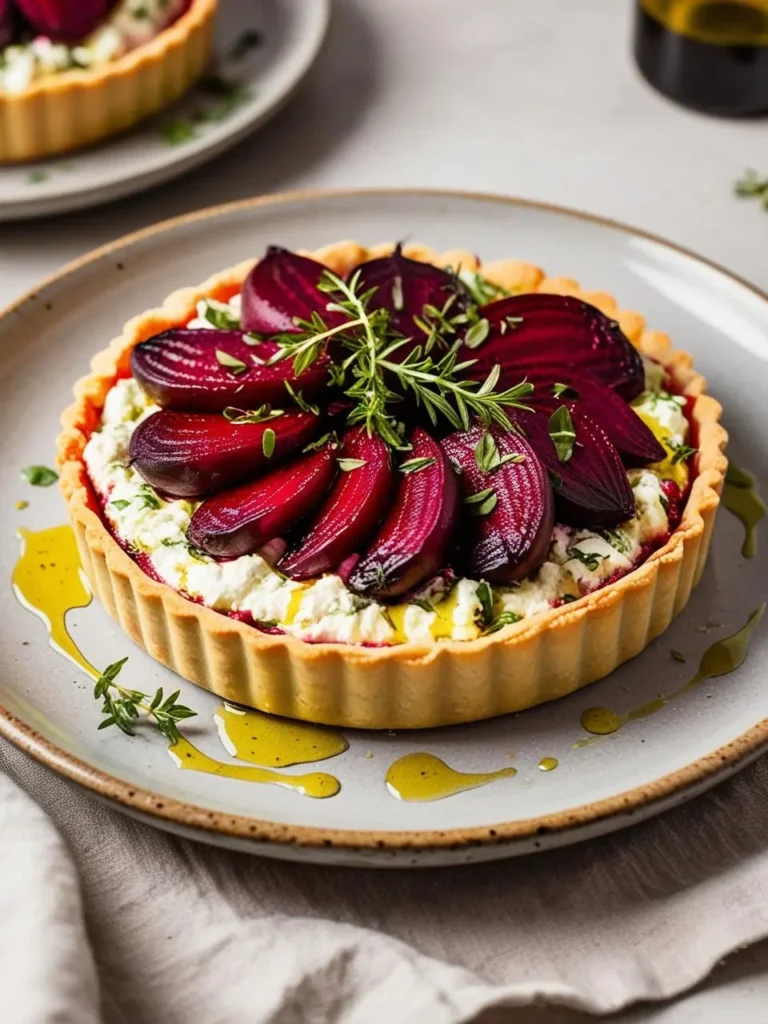 A savory beet tart with a golden crust. The tart is topped with roasted beet slices and a creamy ricotta filling. Fresh rosemary sprigs and a drizzle of olive oil add a touch of freshness and flavor. The tart looks elegant and delicious.