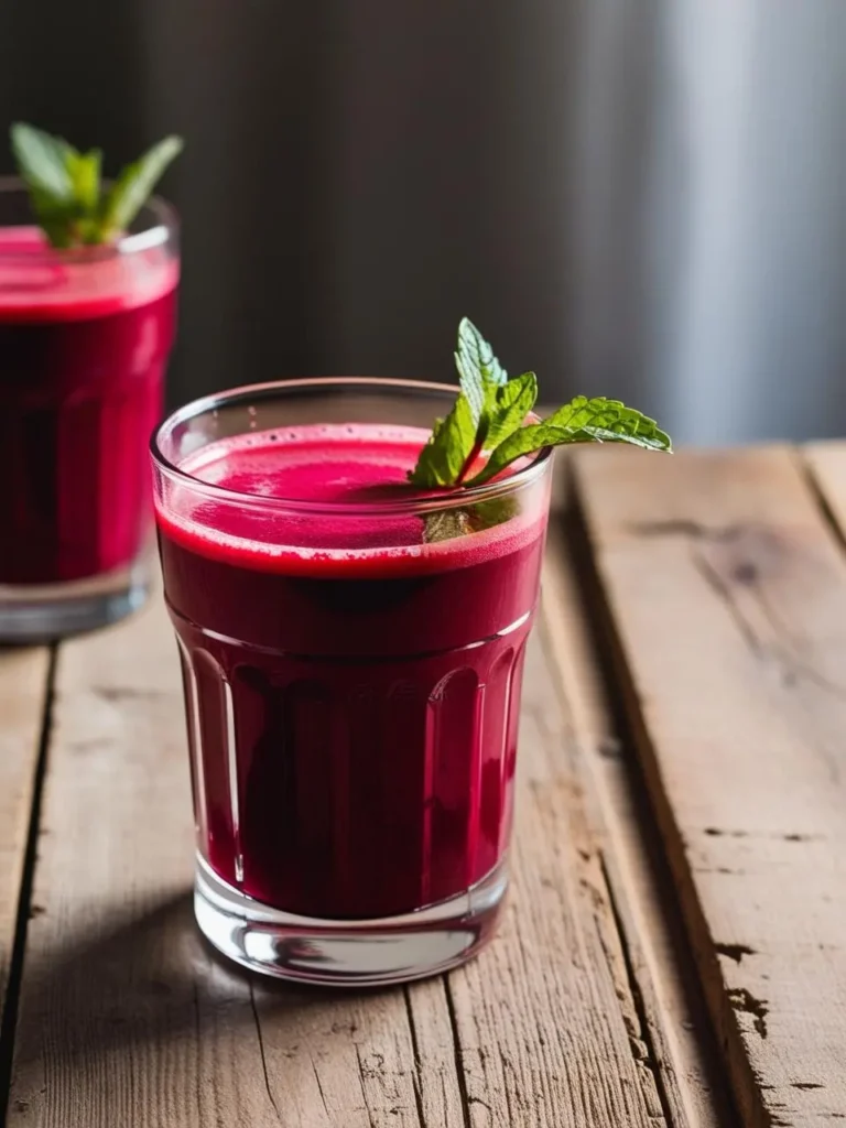 Two glasses filled with a vibrant, deep red beet juice. The juice is topped with a sprig of fresh mint. The glasses are resting on a rustic wooden table, creating a natural and inviting scene. The image evokes the idea of a healthy and refreshing beverage.