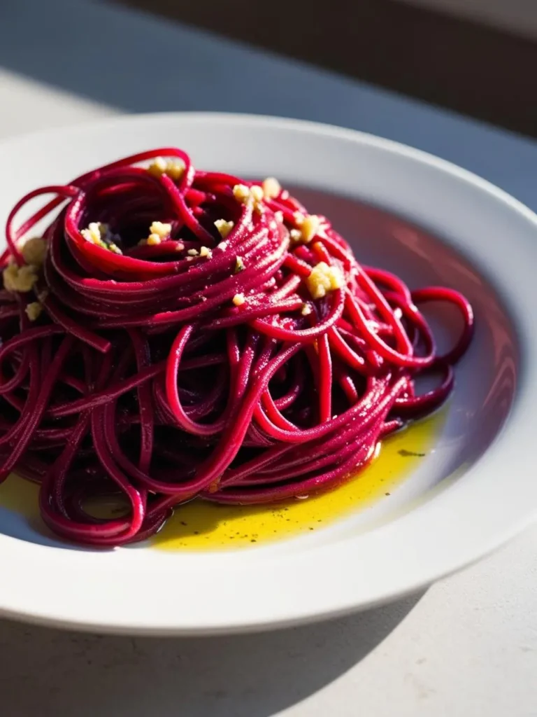 A plate of vibrant beet pasta. The pasta strands are a deep, rich red color, likely infused with beet juice. The pasta is tossed with olive oil and sprinkled with grated cheese and what appears to be garlic. The dish looks visually striking and delicious.