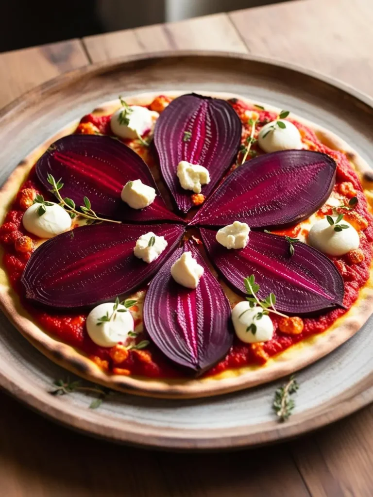 A vibrant beet pizza with a unique design. The pizza is topped with roasted beet slices arranged in a circular pattern, alternating with dollops of creamy goat cheese. Fresh thyme sprigs add a touch of freshness. The pizza looks both delicious and artistic.