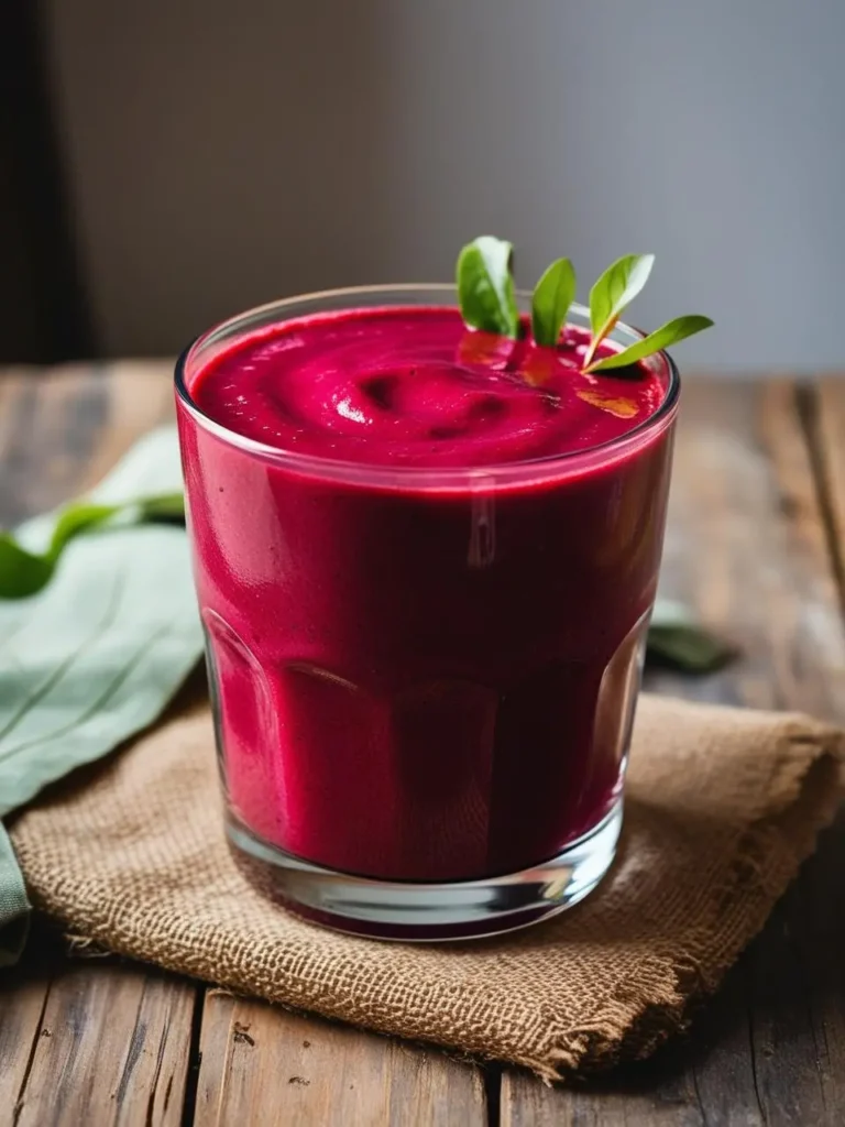 A vibrant red smoothie in a glass, garnished with a sprig of green leaves. The smoothie is resting on a rustic wooden table with a burlap cloth underneath. The rich color and smooth texture of the smoothie make it look incredibly appetizing and packed with nutrients.