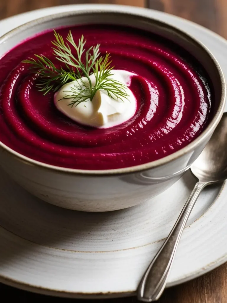 A bowl of vibrant red beet soup. The soup has a smooth, creamy texture and is garnished with a dollop of sour cream or yogurt and a sprig of dill. The soup looks rich and flavorful, perfect for a comforting meal.