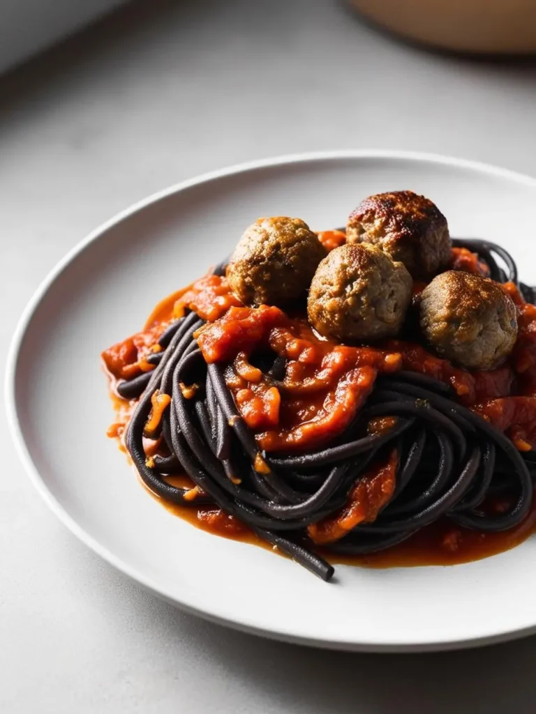 A plate of black spaghetti with a rich tomato sauce and four perfectly round meatballs. The black color of the spaghetti adds a unique and visually appealing twist to this classic Italian dish. The meatballs are nestled in the sauce, looking juicy and flavorful.