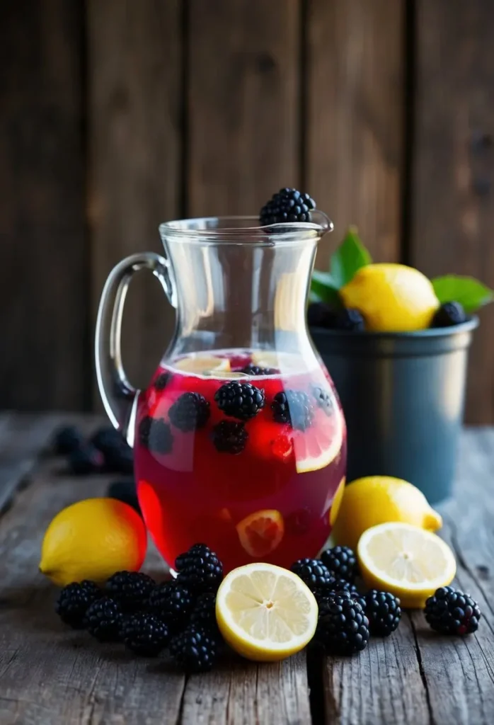 A pitcher of blackberry lemonade surrounded by fresh blackberries and lemons on a rustic wooden table