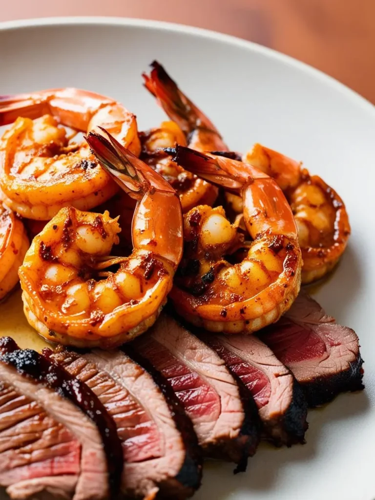 A plate of surf and turf featuring perfectly grilled shrimp and sliced steak. The shrimp are golden brown with a hint of char, and the steak is cooked to a medium-rare, showcasing a beautiful pink interior. The dish looks incredibly appetizing and perfect for a special occasion.