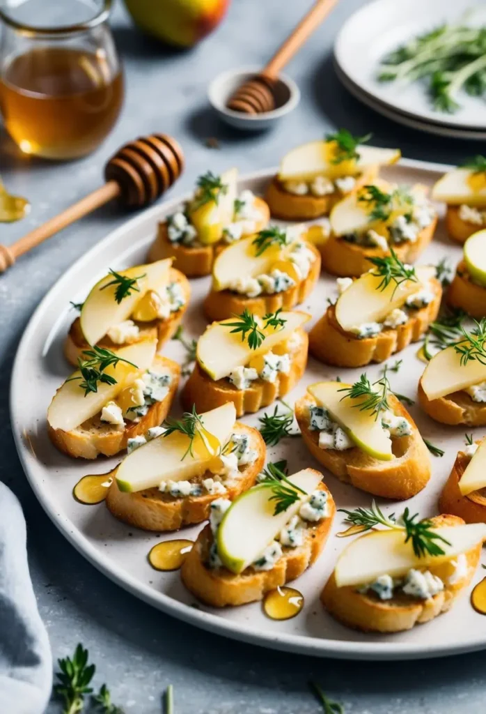 A platter of elegant crostini featuring a sweet and savory combination. Toasted bread is topped with creamy blue cheese, sliced pears, and drizzled with honey. Fresh herbs add a touch of color and freshness. The crostini look perfect for a sophisticated appetizer or light meal.