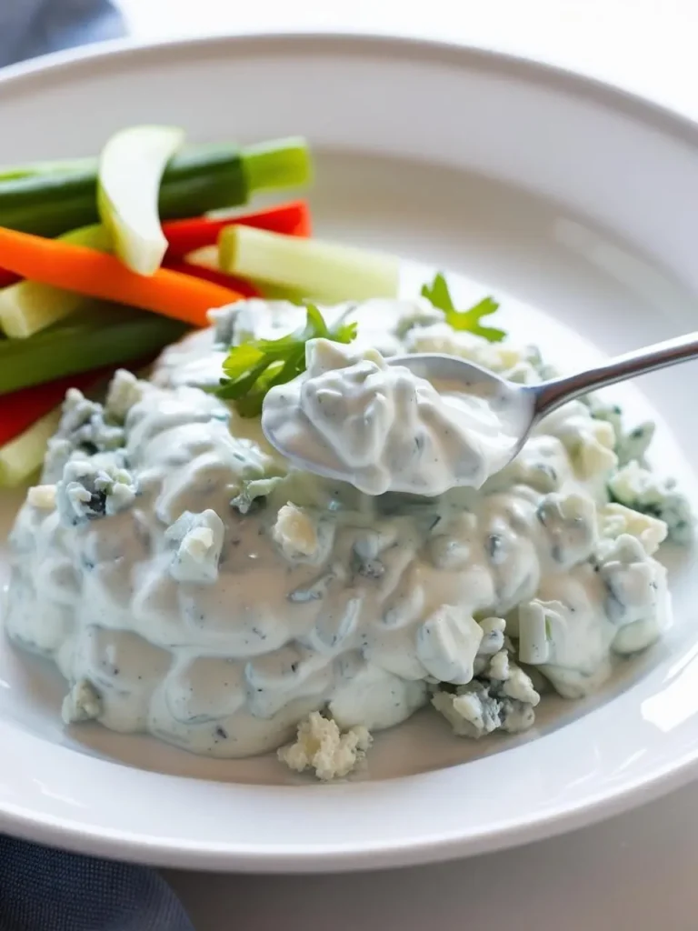 A bowl of creamy blue cheese dip with visible chunks of blue cheese and fresh herbs. A spoon is scooping out a portion of the dip, and a plate of colorful vegetables is in the background.