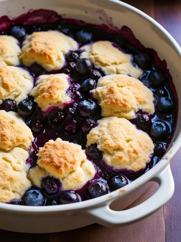 A baking dish filled with blueberry cobbler. The cobbler is bubbling with juicy blueberries and topped with golden brown biscuit dough. It looks warm, sweet, and perfect for a comforting dessert.