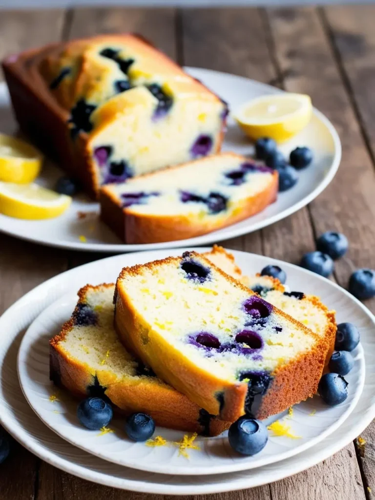 A loaf of lemon blueberry bread, sliced and ready to serve. The bread is golden brown and studded with juicy blueberries. Fresh lemons and additional blueberries are scattered around the plate, adding a touch of freshness. The bread looks light, moist, and perfect for a sweet treat.