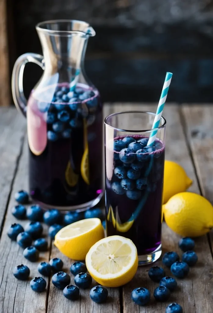 A pitcher of blueberry lemonade surrounded by fresh blueberries and lemons on a rustic wooden table