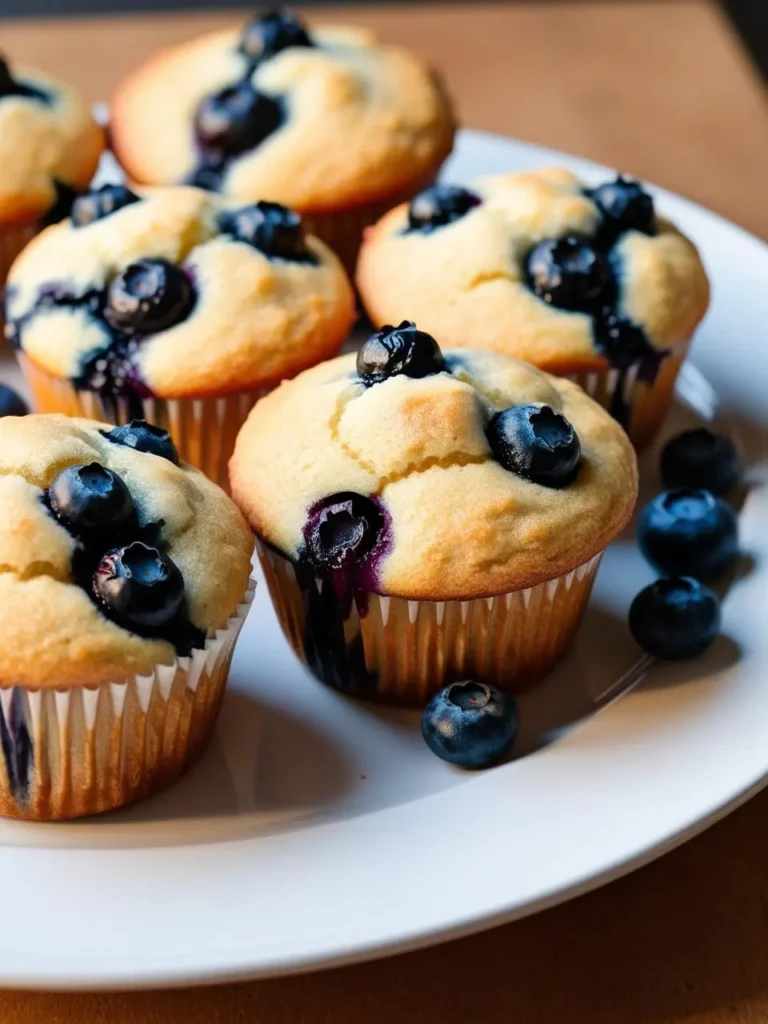 A plate of golden-brown blueberry muffins. The muffins are studded with juicy blueberries and have a slightly sweet glaze. They look delicious and perfect for a breakfast or snack.