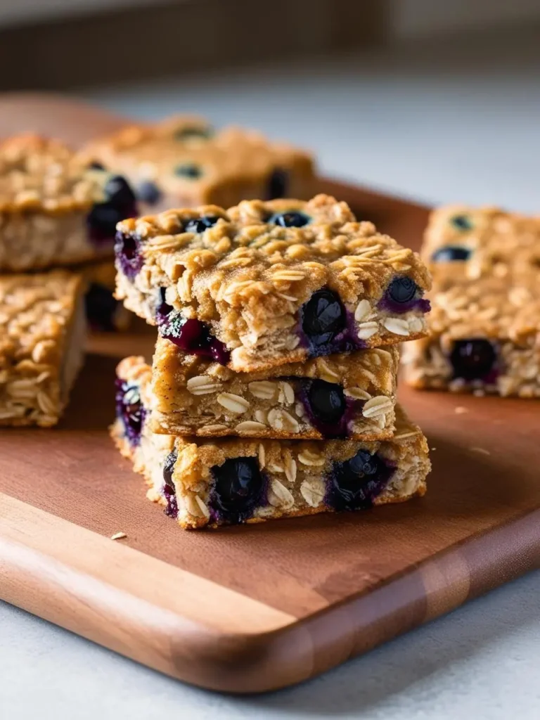 A stack of three golden-brown blueberry oatmeal bars. The bars are studded with juicy blueberries and look chewy and delicious. They are arranged on a wooden cutting board, ready to be enjoyed.