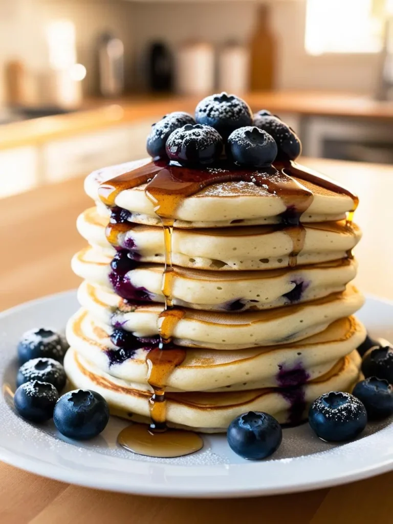 A stack of fluffy pancakes drizzled with golden syrup and topped with fresh blueberries. The pancakes look light and airy, perfect for a sweet breakfast or brunch.