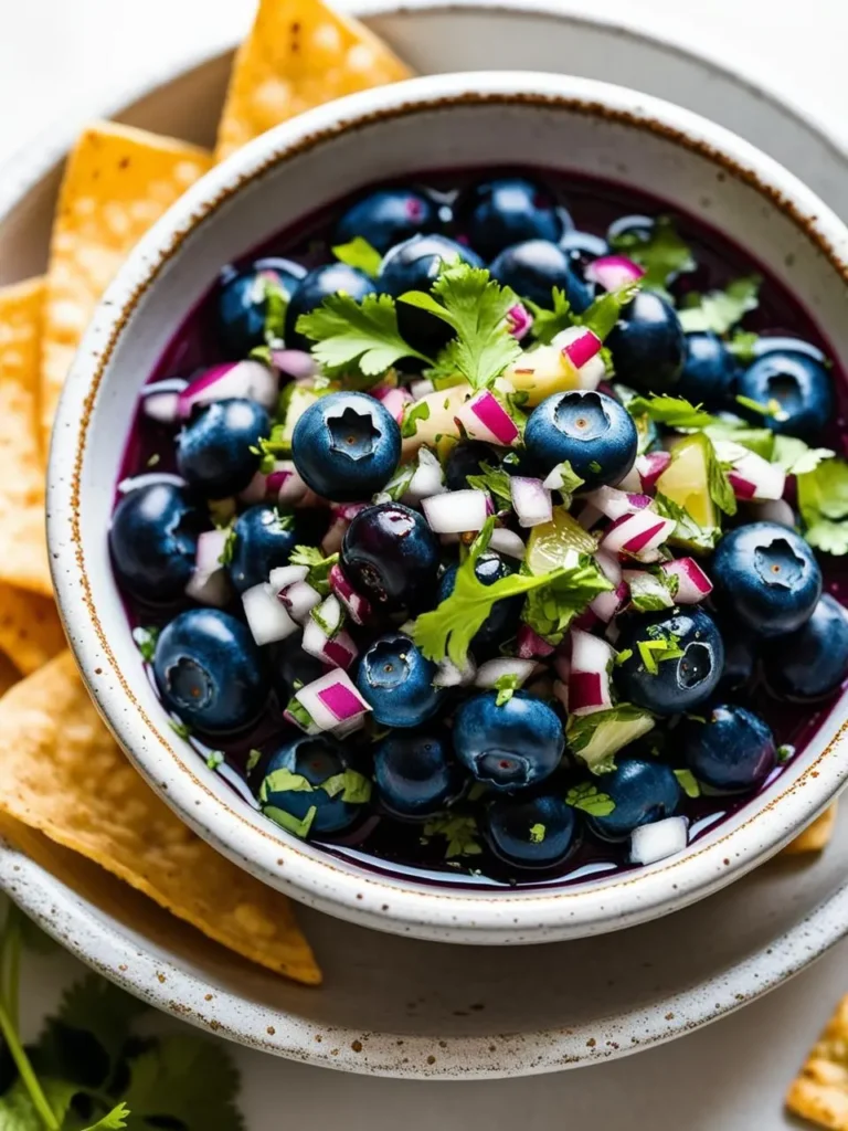 A bowl of vibrant blueberry salsa. The salsa is a mix of fresh blueberries, chopped onion, cilantro, and a hint of lime. Tortilla chips are scattered around the bowl, ready to be dipped into the refreshing salsa.