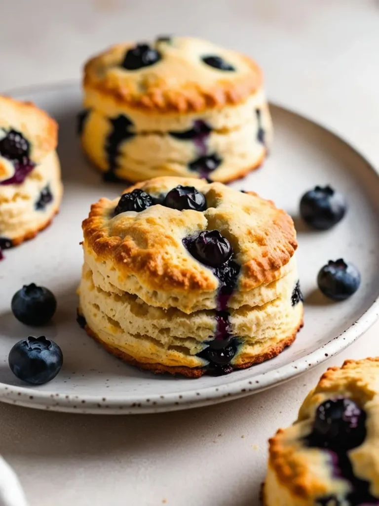 A plate of freshly baked blueberry scones. The scones are golden brown and studded with juicy blueberries. Some blueberries are scattered around the plate, adding to the visual appeal. The scones look incredibly delicious and perfect for a morning treat.