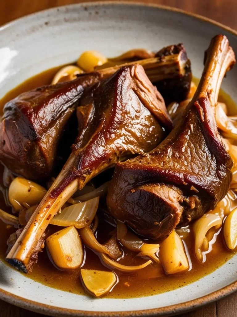 A plate of braised lamb shanks, slow-cooked until fall-off-the-bone tender. The meat is surrounded by onions and potatoes, all simmered in a rich, flavorful sauce. The dish looks incredibly appetizing and perfect for a hearty and comforting meal.