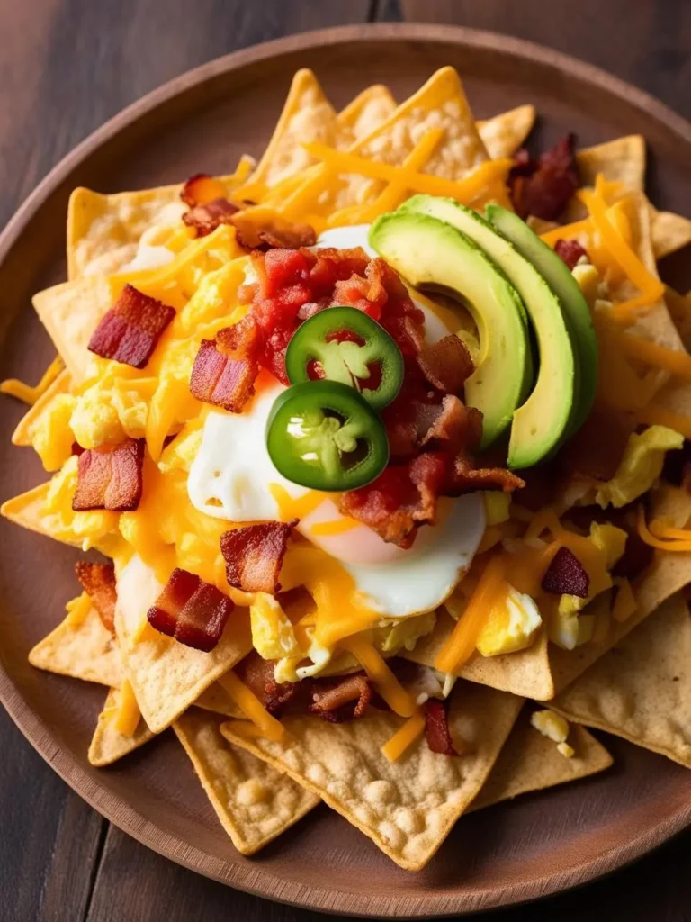 A plate of breakfast nachos with crispy tortilla chips piled high and topped with scrambled eggs, bacon, cheese, avocado slices, and a dollop of salsa.