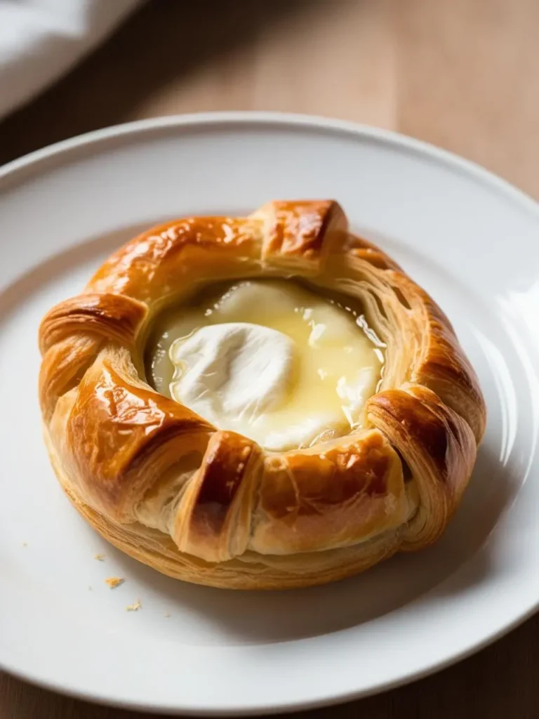 A baked Camembert cheese tartlet with a golden brown pastry crust. The cheese is oozing and topped with a dollop of cream.