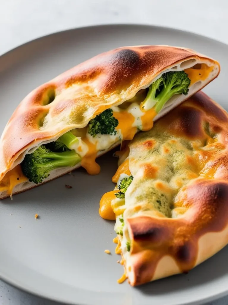 A golden-brown calzone cut in half, revealing a cheesy filling with broccoli florets. The calzone sits on a plate, oozing with melted cheese. It looks delicious and perfect for a quick and satisfying meal.