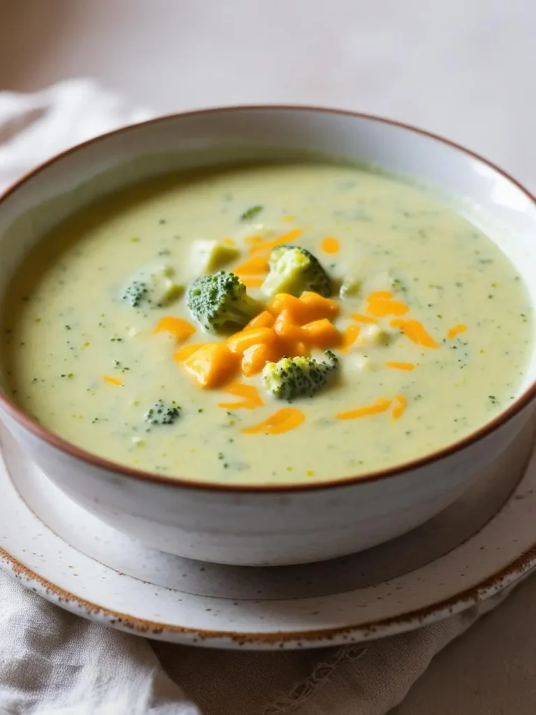 A bowl of creamy broccoli cheddar soup, garnished with shredded cheese and fresh broccoli florets. The soup looks thick, rich, and perfect for a comforting meal.