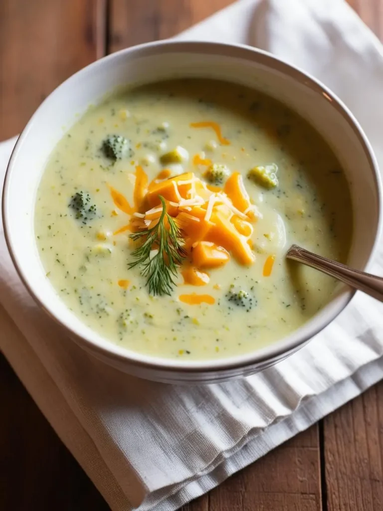 A bowl of creamy broccoli cheese soup. The soup is a vibrant green color and is topped with shredded cheese and fresh dill. It looks incredibly appetizing and perfect for a comforting meal.