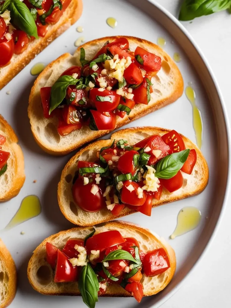 A plate of classic bruschetta, featuring toasted bread topped with a vibrant mixture of chopped tomatoes, fresh basil, garlic, and a drizzle of olive oil. The bruschetta looks fresh, flavorful, and perfect for a light appetizer or starter.