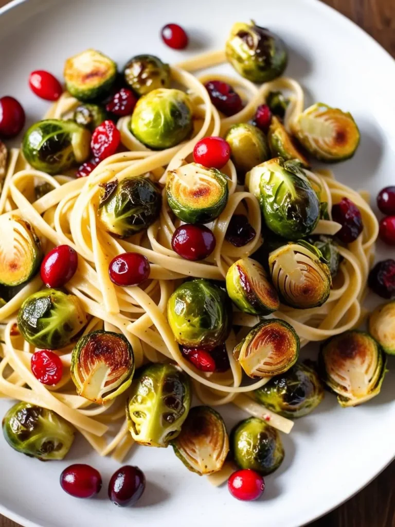 A plate of pasta with roasted Brussels sprouts, cranberries, and a drizzle of olive oil.