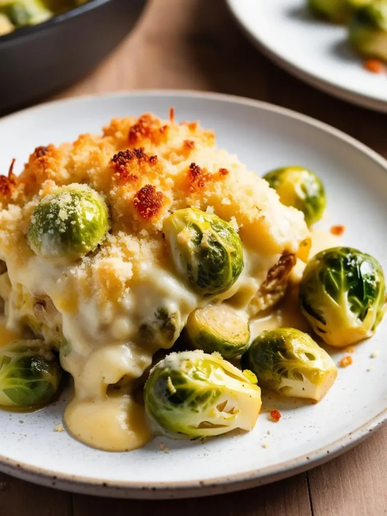 A plate of Brussels sprouts gratin with a golden brown crust and a creamy sauce, with additional roasted Brussels sprouts scattered around the plate.