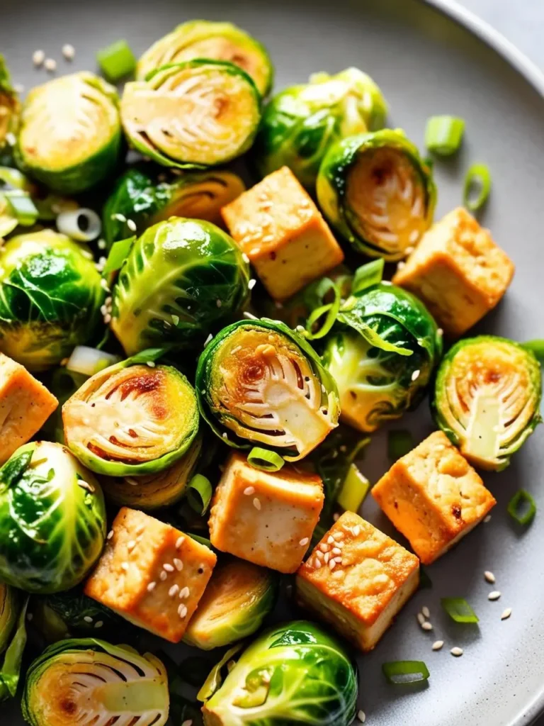 A plate of pan-fried Brussels sprouts and tofu with sesame seeds and green onions.