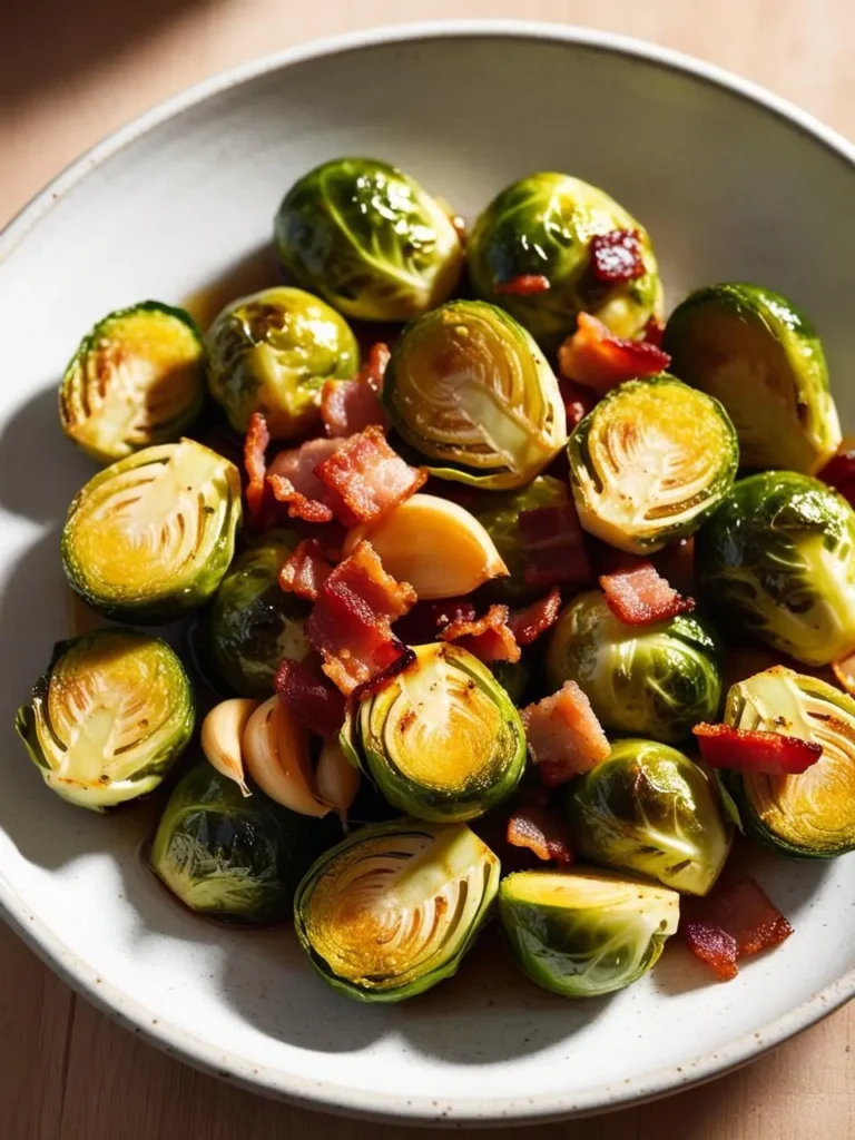 A plate of roasted Brussels sprouts tossed with crispy bacon and roasted garlic cloves.