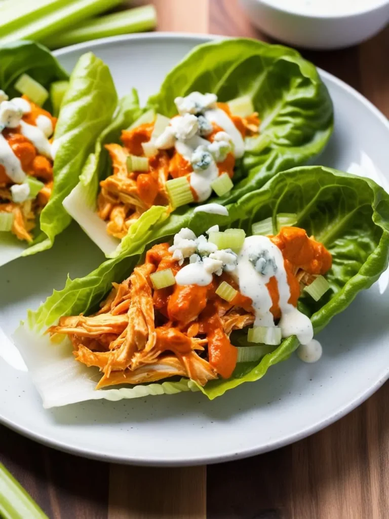 Three lettuce wraps filled with shredded buffalo chicken, topped with crumbled blue cheese, diced celery, and a drizzle of blue cheese dressing. The wraps look fresh, healthy, and perfect for a light meal.