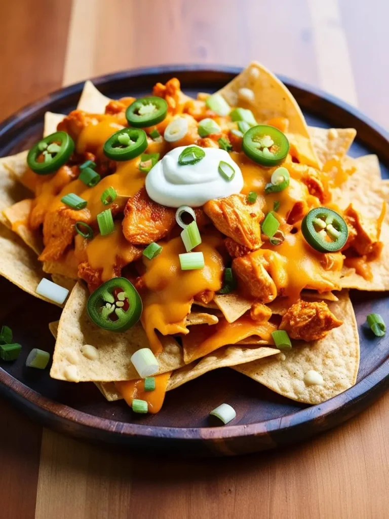 A plate of loaded nachos with crispy tortilla chips, topped with shredded buffalo chicken, melted cheese, sliced jalapenos, green onions, and a dollop of sour cream.