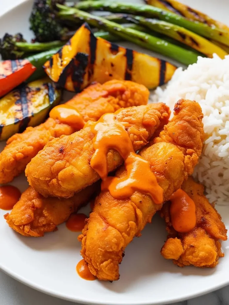 A plate of crispy, golden-brown chicken tenders coated in a spicy orange sauce. The tenders are served with a side of fluffy white rice and a colorful medley of grilled vegetables, including asparagus, zucchini, and bell peppers.