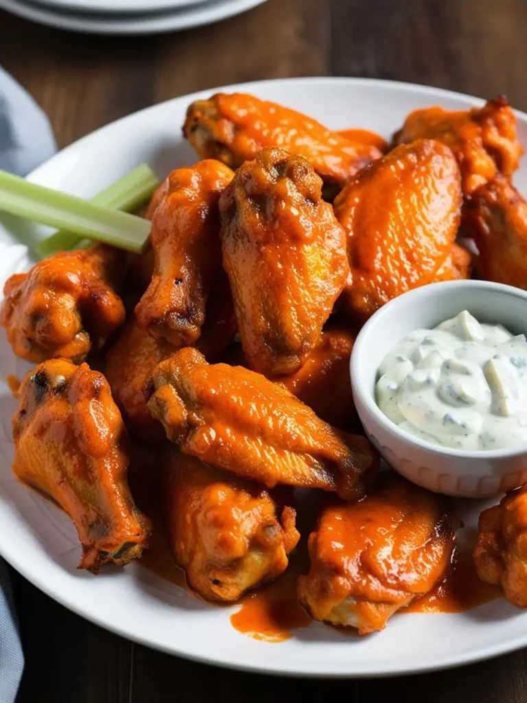 A plate of crispy, golden-brown chicken wings coated in a vibrant red sauce, likely Buffalo sauce. The wings are arranged on a plate with a side of celery sticks and a small bowl of creamy blue cheese dressing. The dish looks incredibly appetizing and perfect for a game day gathering.