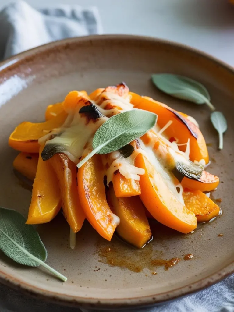 A plate of roasted butternut squash wedges topped with melted cheese and fresh sage leaves. The squash looks golden brown and caramelized, with a hint of seasoning.